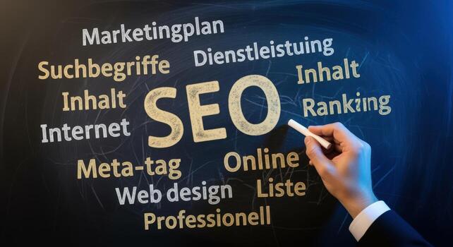 Chalkboard SEO Concept Depicting Search Engine Optimization with Hand Holding Chalk, Representing Web Design and Professional Online Marketing photo