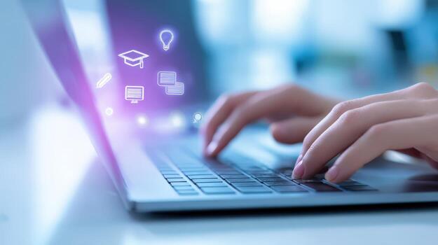 Typing on Laptop Keyboard with Digital Education Icons, Depicting Online Learning and Modern Technology photo