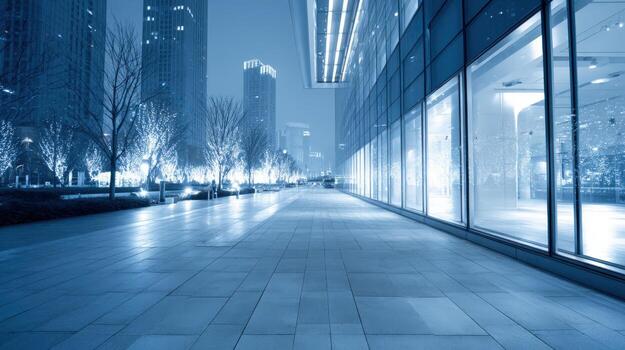 Modern Cityscape View with Illuminated Buildings at Night, Depicting Urban Architecture and Tranquil Atmosphere photo