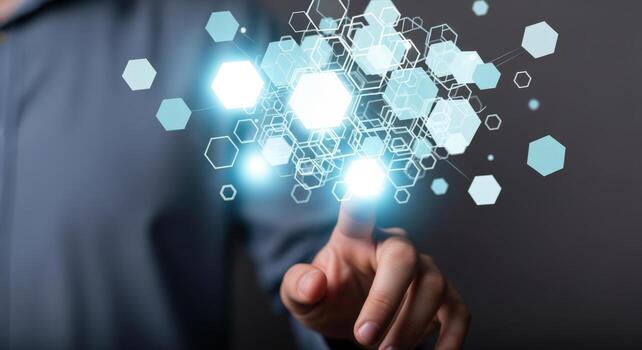 Man Interacting with Glowing Abstract Hexagon Network, Representing Connectivity, Innovation, and Future Technology photo