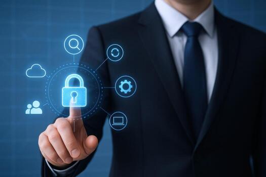 empresario asegurando datos con huella dactilar en digital candado icono, la seguridad cibernética y datos intimidad proteccion foto