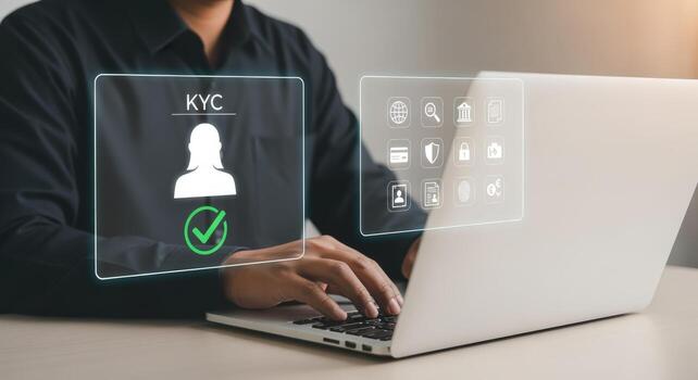 Know Your Customer Man Verifying Identity Online with KYC Process on Laptop for Secure Transactions photo