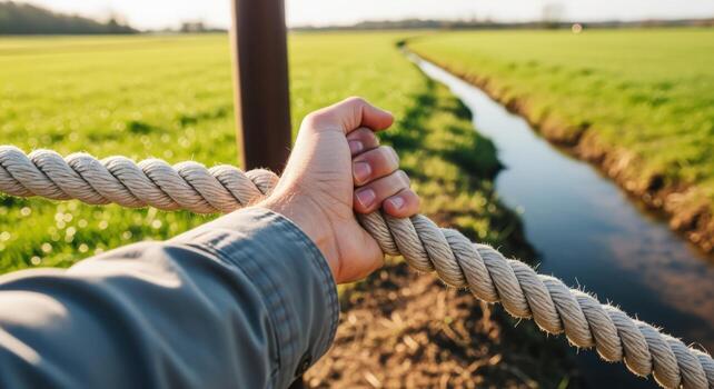 Adventurous Person Holding a Rope Over a Stream in a Verdant Field on a Sunny Day photo
