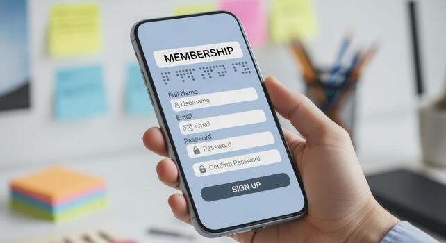 Online Membership Registration on Mobile Device User Filling Form for Subscription Service and Account Creation photo