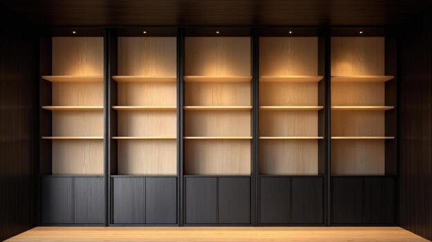 Elegant Wooden Bookshelf Display with Five Sections and Adjustable Shelves in a Modern Minimalist Style photo