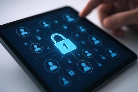 datos seguridad en tableta con candado proteger información y red acceso con la seguridad cibernética foto