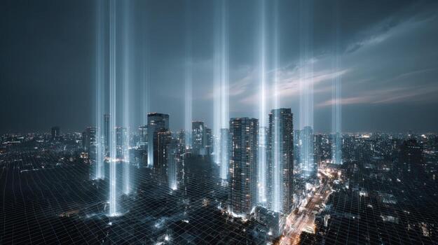Futuristic Cityscape with Light Beams Connecting Buildings, Representing Innovation and Modern Technology photo