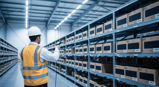 Inventory Manager Scanning Products Inside a Warehouse, Ensuring Efficient Logistics and Supply Chain Operations photo