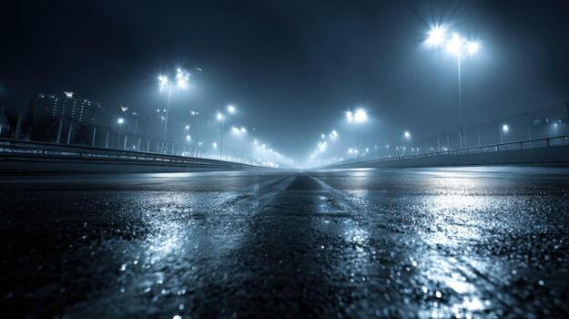 Urban Nightscape Empty Roadway Illuminated by Streetlights in a Foggy, Moody, and Atmospheric Scene photo