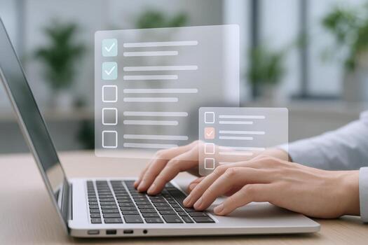 Hands Typing on Laptop with Digital Checklist Overlay - Productivity and Task Management photo