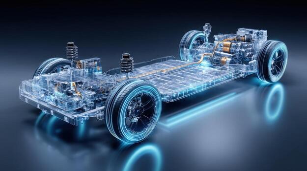 Electric Vehicle Chassis with Battery Pack Integration and Suspension System in Blue Holographic Display photo