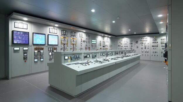 Control Room Interior Showcasing Advanced Technology and Industrial Automation Systems for Monitoring and Management photo