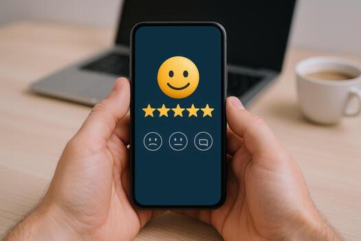 Customer Feedback Survey on Mobile Device Displaying Positive Rating with Five Stars and Happy Emoticon photo