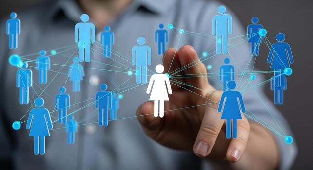 Abstract Social Network Connection Hand Touching Digital Female Icon Amongst Male Figures, Representing Teamwork and Communication photo