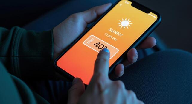 Mobile Weather App Displaying High Temperature Digital Forecast, Heatwave Alert on Smartphone Screen photo