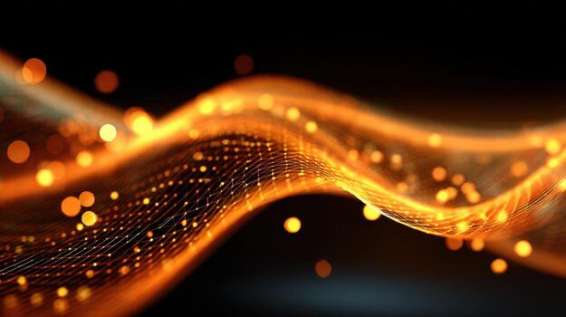 Abstract Golden Wave with Bokeh Effect on Black Background for Futuristic Technology Designs photo