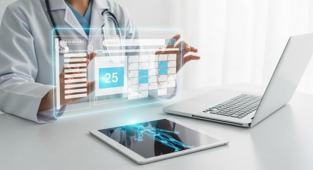 Doctor Analyzing Medical Data on Holographic Display, Modern Healthcare Technology and Digital Interface photo