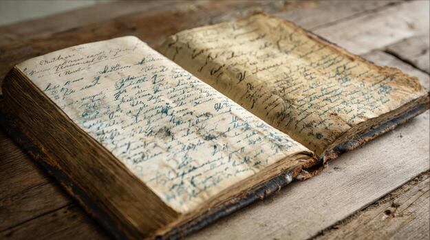 Antique Open Book with Handwritten Text on Aged Pages, Displayed on Rustic Wooden Surface photo