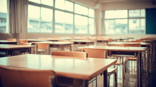 Empty Classroom with Wooden Desks and Chairs, Preparing for Students Arrival in a School photo