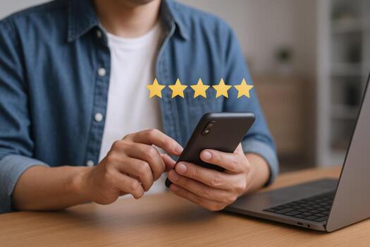 cliente dando un cinco estrella clasificación utilizando móvil dispositivo, negocio Servicio satisfacción y realimentación foto