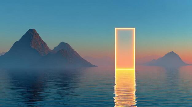 místico rectangular portal en agua con montaña fondo resumen paisaje ilustración foto