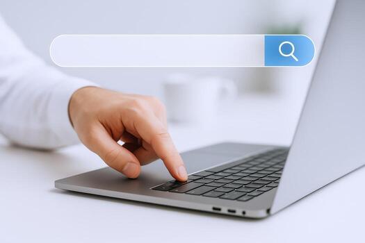 Searching Online Person Using Laptop to Conduct Internet Search with a Digital Search Bar Graphic photo
