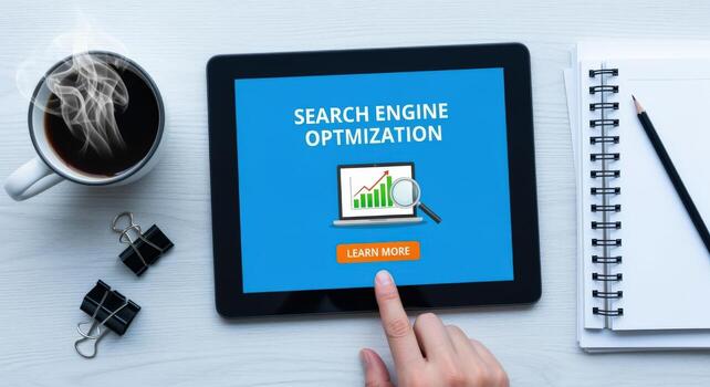 SEO Optimization Displayed on Tablet with Coffee, Notebook and Stationary for Online Business photo