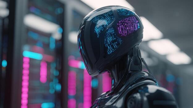 Advanced AI Data Analysis Futuristic Humanoid Analyzing Complex Information in a High-Tech Environment photo
