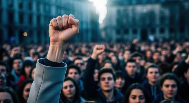 Crowd Protesting with Raised Fists Demonstrating Solidarity, Demanding Change, Championing Freedom in a Public Square photo
