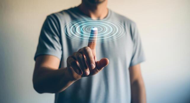 Man Touching Interactive Digital Display with Circular UI Element, Technology Concept for Business Applications photo