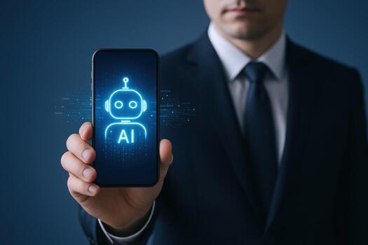 Businessman Presenting AI Technology on Smartphone Display, Innovation in Business Automation and Digital Transformation photo