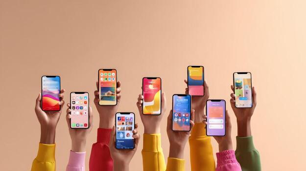 Diverse Hands Holding Smartphones Displaying Various Screens and Apps Against a Neutral Background photo