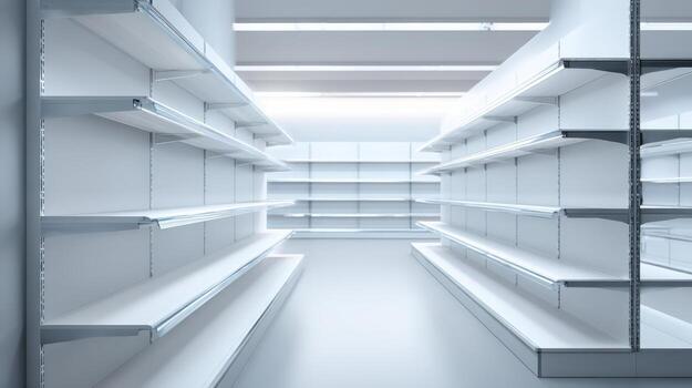 Empty Supermarket Aisle with Bright Lighting A Blank Canvas for Retail Mockups and Product Placement photo