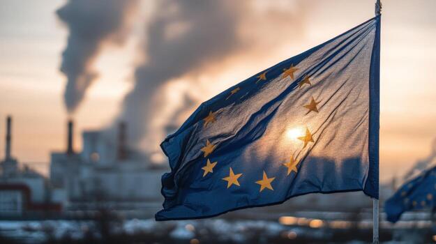European Flag with Industrial Backdrop Showing Pollution, Climate Change and Environmental Concerns, With Air Pollution photo
