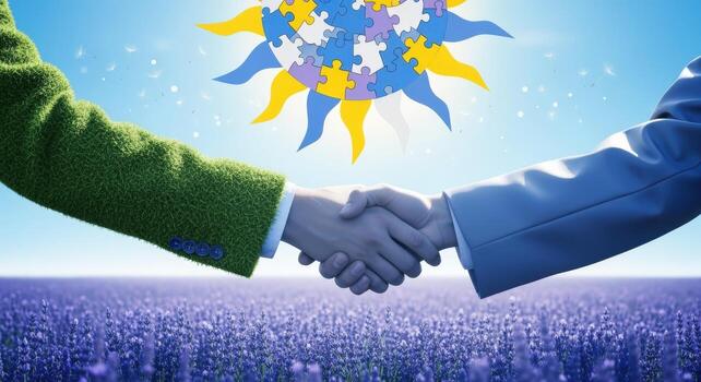 Successful Business Partnership Handshake over Lavender Field with Puzzle Sun Symbolizing Unity and Collaboration photo
