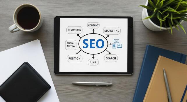 SEO Strategy on Tablet with Coffee, Notebook, and Pen - Optimizing for Online Business Success photo