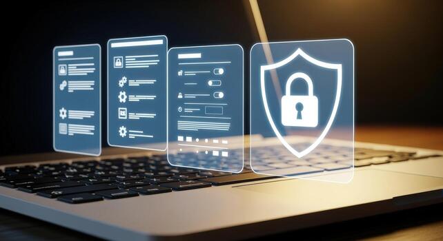 Laptop Security Interface Digital Shield Lock Symbol for Data Protection and Cybersecurity on Device photo