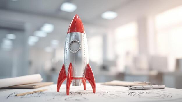 Rocket Launch Concept 3D Rendered Toy Rocket on Blueprint in Modern Office Environment photo