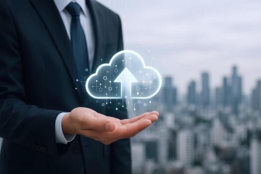 Cloud Computing Concept Businessman Presenting Data Upload Symbol with Cityscape Background, Representing Modern Technology photo