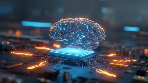 Artificial Intelligence Brain Integrated into Computer Processor on Circuit Board for High Tech Innovations photo