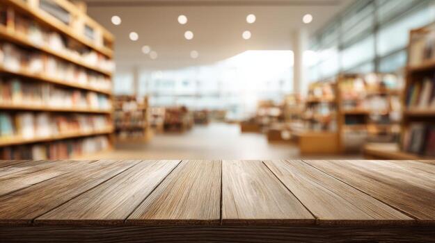 Wooden Tabletop with Blurred Bookstore Background Perfect for Product Mockups and Displays photo