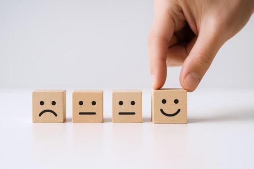 Customer Satisfaction Concept Hand Selecting Smiling Face Wooden Block for Positive Feedback photo