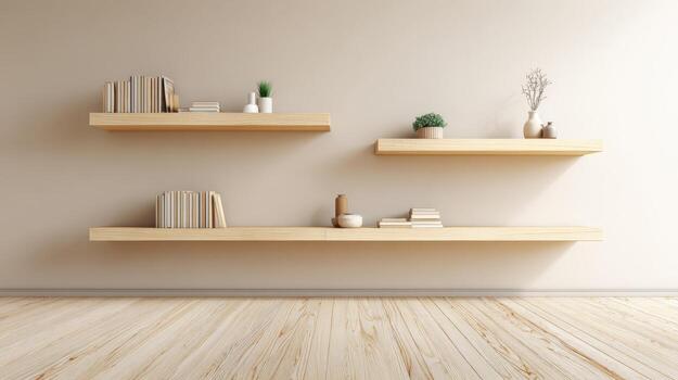 Minimalist Interior with Floating Shelves Displaying Books and Decorative Items in a Bright, Modern Room photo