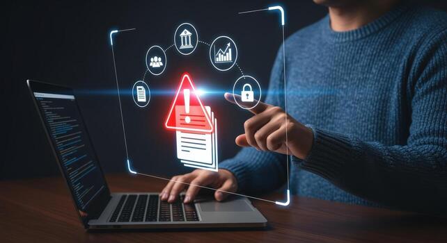 datos incumplimiento alerta hombre interactuando con digital advertencia firmar en ordenador portátil mostrar, enfatizando la seguridad cibernética amenazas foto