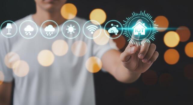 Smart Home Automation Concept Person Interacting with a Digital Interface to Control Home Systems photo