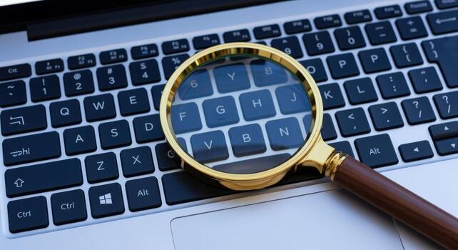 Magnifying Glass on Laptop Keyboard Close-up Information Search, Data Analysis, Cybersecurity Concept photo