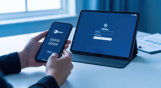 Two-Factor Authentication on Tablet and Smartphone Demonstrating Strong Security Measures for Business and Personal Data photo