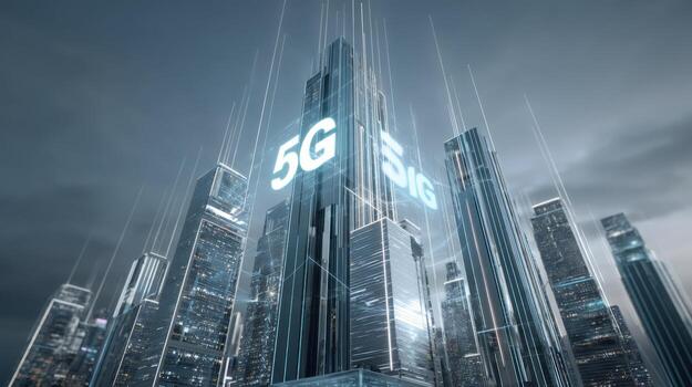 Futuristic Cityscape with 5G Technology Illustration, High-Speed Connectivity Network in Urban Environment, Wireless Communication Technology photo