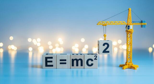 Conceptual Image of Crane Constructing Einsteins Equation From Wooden Blocks, Representing Complex Problem Solving and Building Knowledge photo