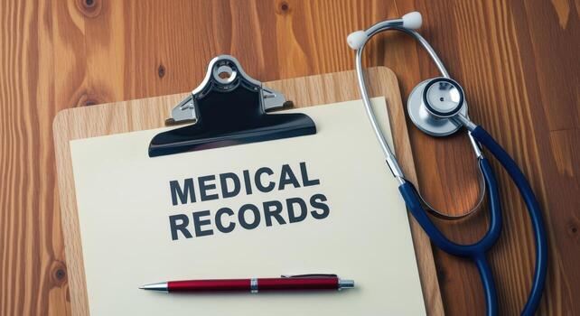 Medical Records on Clipboard with Stethoscope and Pen on Wood Background - Healthcare Documentation photo